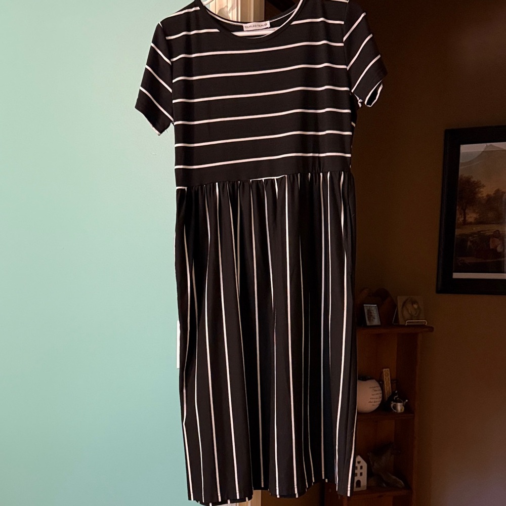 Tickled Teal Black and White Striped Midi Dress
